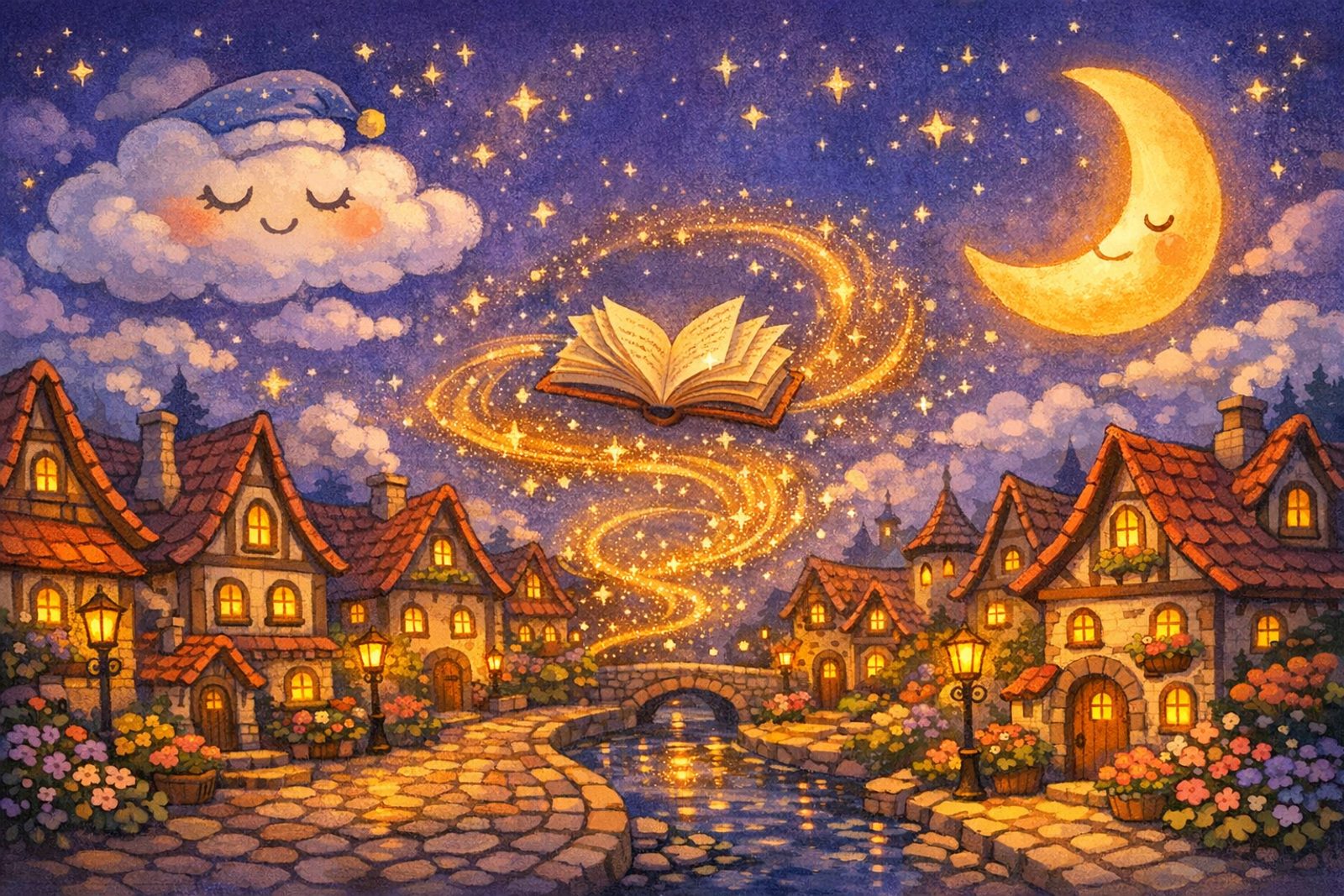 A cozy dream town at dusk with little houses, a sleeping cloud and a warm moon
